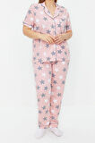 Büyük Beden Kadın Pamuk Polyester Ceket Yaka Kısa Kol Yıldız Desenli Gömlek Yaka Örme Pijama Takımı