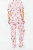 Büyük Beden Kadın Pamuk Polyester Ceket Yaka Kısa Kol Yıldız Desenli Gömlek Yaka Örme Pijama Takımı