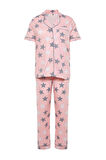 Büyük Beden Kadın Pamuk Polyester Ceket Yaka Kısa Kol Yıldız Desenli Gömlek Yaka Örme Pijama Takımı