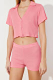 Kadın Polyester V Yaka Kısa Kol Pembe Fitilli Crop T-shirt-Şort Örme Pijama Takımı