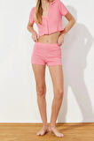 Kadın Polyester V Yaka Kısa Kol Pembe Fitilli Crop T-shirt-Şort Örme Pijama Takımı
