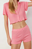Kadın Polyester V Yaka Kısa Kol Pembe Fitilli Crop T-shirt-Şort Örme Pijama Takımı