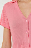 Kadın Polyester V Yaka Kısa Kol Pembe Fitilli Crop T-shirt-Şort Örme Pijama Takımı