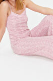 Kadın Pamuklu V Yaka Askılı Kol Pamuklu Çizgili Dantel Detaylı İp Askılı Örme Pijama Takımı