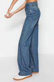 Kadın Moda Şık Kot Pantolon Geniş Paça Regular Boy Denim Mavi Yüksek Bel Jeans