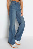 Kadın Moda Şık Kot Pantolon Geniş Paça Regular Boy Denim Mavi Yüksek Bel Jeans
