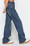 Kadın Moda Şık Kot Pantolon Geniş Paça Regular Boy Denim Mavi Soluk Vintage Yüksek Bel Jeans