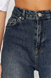 Kadın Moda Şık Kot Pantolon Boru Paça Regular Boy Denim Mavi Yüksek Bel Slim Mom Jeans