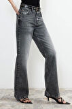 Kadın Moda Şık Kot Pantolon Boru Paça Regular Boy Denim Gri Yüksek Bel Jeans