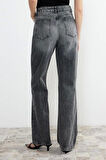 Kadın Moda Şık Kot Pantolon Boru Paça Regular Boy Denim Gri Yüksek Bel Jeans