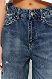 Kadın Moda Şık Kot Pantolon Geniş Paça Regular Boy Denim Mavi Yırtıklı Yüksek Bel Jeans