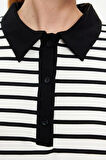 Kadın Moda Şık Mini Boy Düğmeli Yaka Relaxed Beyaz Çizgili Polo Yaka A Kesim Çan Form Örme Elbise