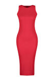 Yeni Slim Casual Günlük Kaşkorse Örme Halter Yaka Kolsuz Kol Bodycone Midi Boy Elbise