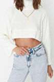 Kadın Moda Şık Crop Dik Yaka Uzun Kol Düz Süper Crop Basic Triko Kazak