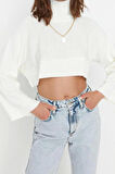 Kadın Moda Şık Crop Dik Yaka Uzun Kol Düz Süper Crop Basic Triko Kazak