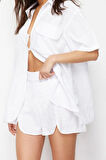 Kadın Moda Şık Regular Kısa Boy Uzun Kollu Beyaz Dokuma Gömlek Şort Takım