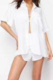 Kadın Moda Şık Regular Kısa Boy Uzun Kollu Beyaz Dokuma Gömlek Şort Takım