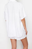Kadın Moda Şık Regular Kısa Boy Uzun Kollu Beyaz Dokuma Gömlek Şort Takım