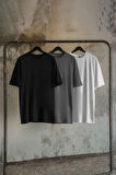 Yeni Sezon 3'lü Paket Oversize %100 Pamuk Bisiklet Yaka Kısa Kol Düz Desenli Günlük T-Shirt