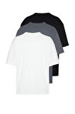 Yeni Sezon 3'lü Paket Oversize %100 Pamuk Bisiklet Yaka Kısa Kol Düz Desenli Günlük T-Shirt