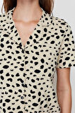Kadın %100 Pamuk Gömlek Yaka Kısa Kol %100 Pamuk Leopar Desenli Örme Pijama Takımı