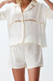 Kadın Moda Şık Regular Kısa Boy Uzun Kollu Ekru Dokuma Müslin %100 Pamuklu Gömlek Şort Takım