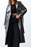 Kadın Moda Şık Oversize Ceket Yaka Uzun Düz Astarlı Oversize Geniş Kesim Kuşaklı Trençkot