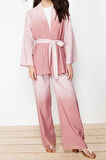 Kadın Moda Şık Geniş Paça Uzun Kollu Keten Görünümlü Dokuma Kimono Pantolon Alt Üst Takım