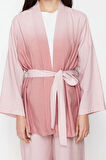 Kadın Moda Şık Geniş Paça Uzun Kollu Keten Görünümlü Dokuma Kimono Pantolon Alt Üst Takım