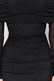 Yeni Slim Gündüz Gece Tül Örme Carmen Yaka Uzun Kol Bodycone Midi Boy Elbise