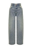 Kadın Moda Şık Kot Pantolon Geniş Paça Regular Boy Denim Mavi Soluk Vintage Düşük Bel