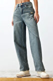 Kadın Moda Şık Kot Pantolon Geniş Paça Regular Boy Denim Mavi Soluk Vintage Düşük Bel