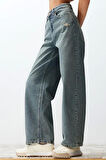 Kadın Moda Şık Kot Pantolon Geniş Paça Regular Boy Denim Mavi Soluk Vintage Düşük Bel