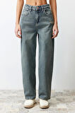 Kadın Moda Şık Kot Pantolon Geniş Paça Regular Boy Denim Mavi Soluk Vintage Düşük Bel