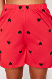 Büyük Beden Kadın Pamuklu Gömlek Yaka Kısa Kol Kalp Desenli Örme Pijama Takımı