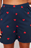 Büyük Beden Kadın Pamuklu Gömlek Yaka Kısa Kol Kalp Desenli Örme Pijama Takımı
