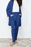Kadın Moda Şık Regular Boy Oversize Dokulu Bürümcük Örme Kimono Pantolon Alt-Üst Takım