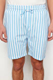 Erkek %100 Pamuk Bisiklet Yaka Kısa Kol Ekru Çizgili Regular Fit Couple Örme Şortlu Pijama Takımı