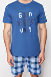 Erkek %100 Pamuk Bisiklet Yaka Kısa Kol İndigo Ekose Regular Fit Örme Şortlu Pijama Takımı