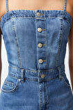 Yeni Fit Casual Günlük Rigid Denim Kare Yaka Askılı Kol Basic Maxi Boy Elbise