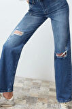 Kadın Moda Şık Kot Pantolon Geniş Paça Regular Boy Denim Mavi Yırtıklı Yüksek Bel Jeans