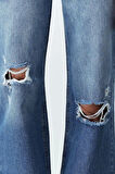 Kadın Moda Şık Kot Pantolon Geniş Paça Regular Boy Denim Mavi Yırtıklı Yüksek Bel Jeans