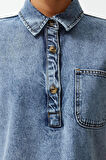 Yeni Regular Casual Günlük Rigid Denim Kare Yaka Kısa Kol Gömlek Elbise Mini Boy Elbise