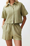 Kadın Moda Şık Regular Kısa Boy Uzun Kollu Dokuma Keten Görünümlü Gömlek Şort Takım
