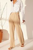 Kadın Yeni Moda Geniş Paça Uzun Boy Dokuma %100 Keten Pileli Yüksek Bel Wide Leg Pantolon