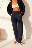 Kadın Yeni Moda Geniş Paça Uzun Boy Dokuma %100 Keten Yüksek Bel Wide Leg Pantolon