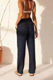 Kadın Yeni Moda Geniş Paça Uzun Boy Dokuma %100 Keten Yüksek Bel Wide Leg Pantolon