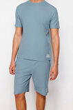 Erkek Pamuklu Bisiklet Yaka Kısa Kol Regular Fit Dokulu Örme Şortlu Pijama Takımı