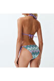 Yeni Geometrik Destekli Üçgen Normal Bel Slip Geometrik Desenli Üçgen Dokulu Regular Bikini Takımı