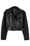 Kadın Moda Şık Oversize Gömlek Yaka Crop Düz Astarlı Oversize Kemerli Suni Deri Biker Ceket Mont